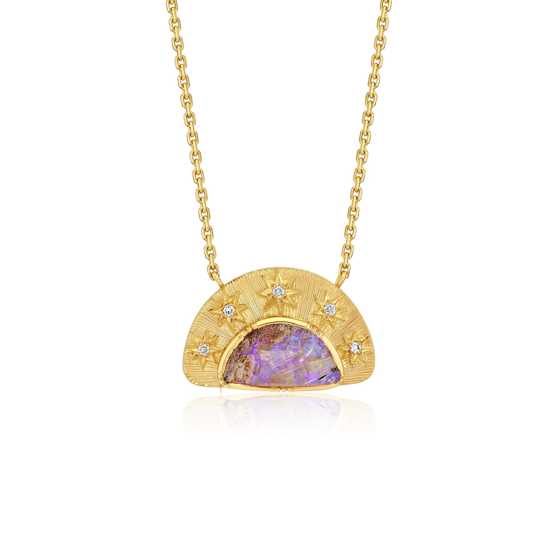 A gold pendant necklace featuring a semi-circular gold frame with small star details and tiny diamond stones, surrounding a central purple opal inlay. The necklace is displayed on a clean white background with a soft reflection.