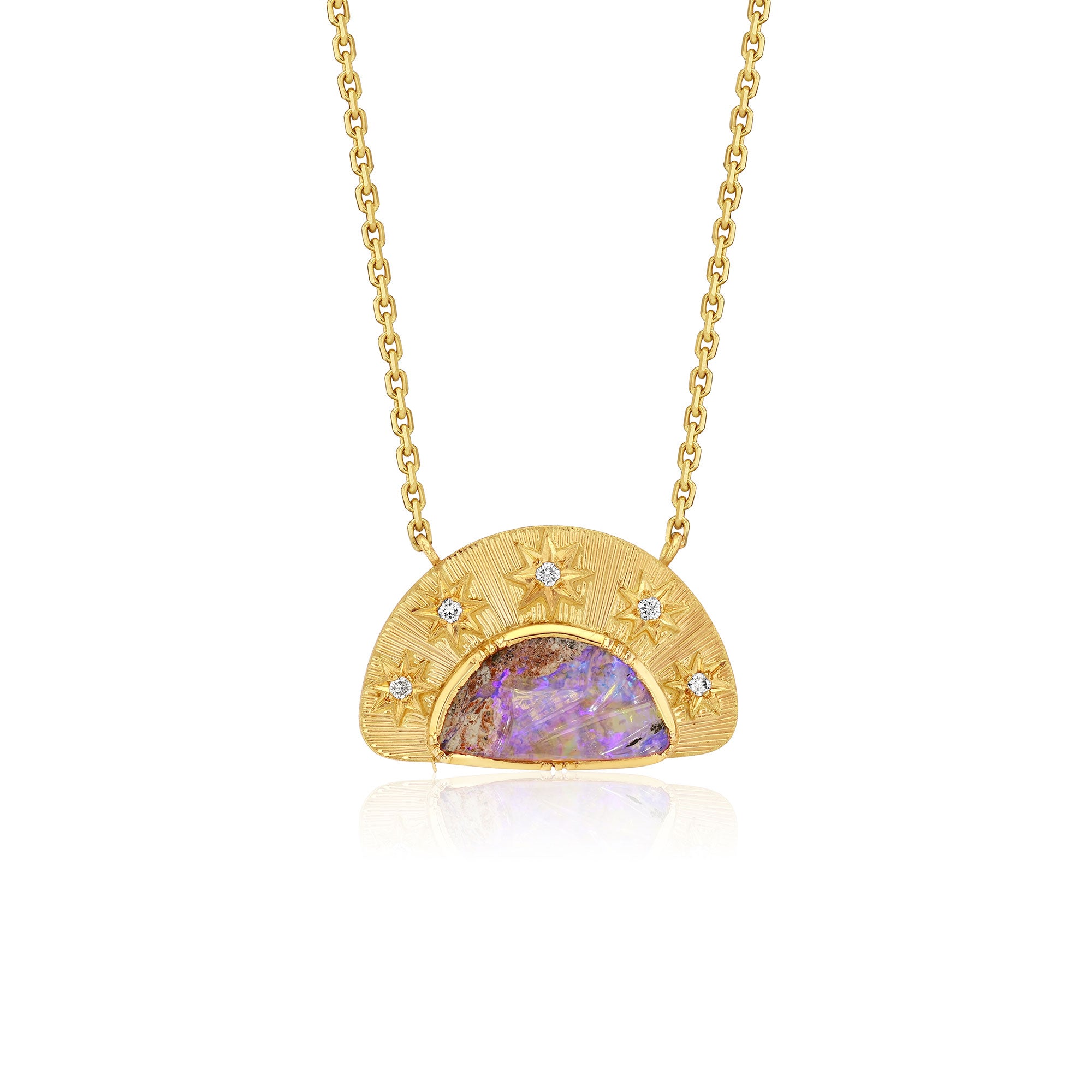 A gold pendant necklace featuring a semi-circular gold frame with small star details and tiny diamond stones, surrounding a central purple opal inlay. The necklace is displayed on a clean white background with a soft reflection.