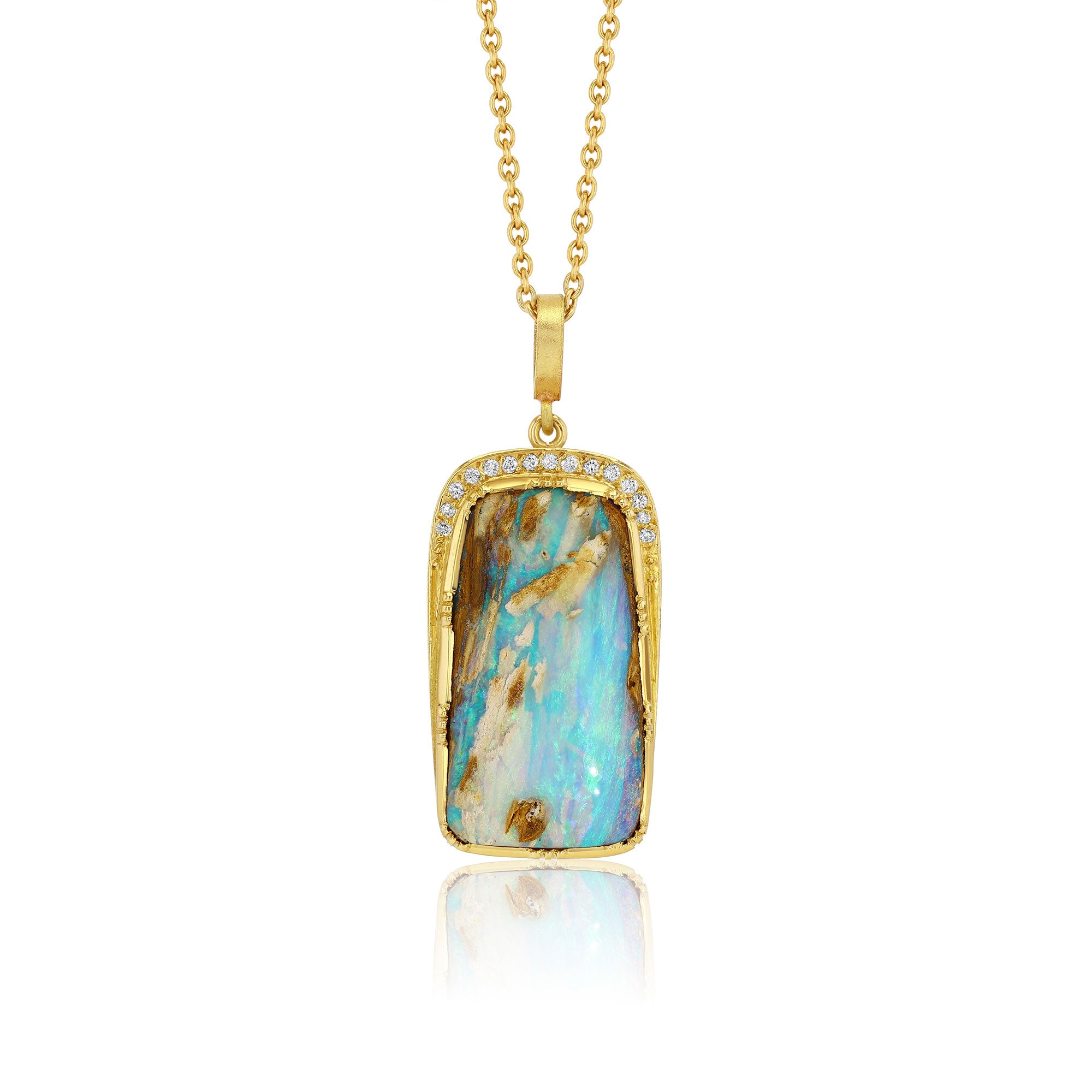 fossilised wood opal pendant necklace with white diamond halo on a white background