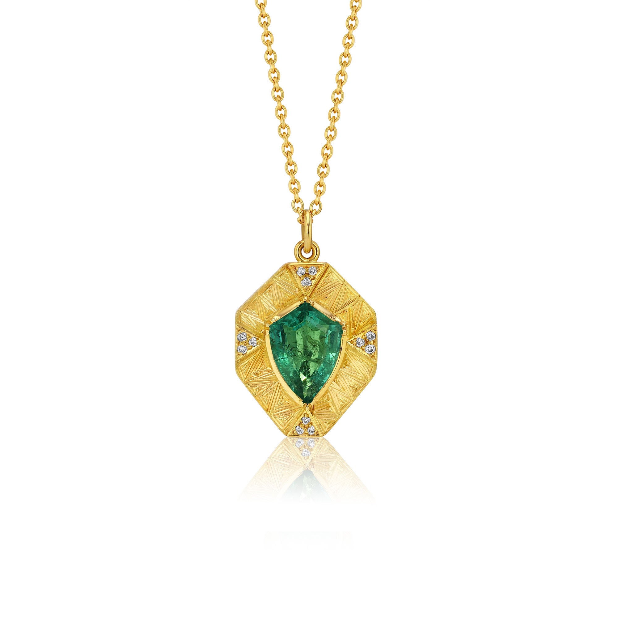 Talisman Shield Emerald Diamond Engraved Necklace
