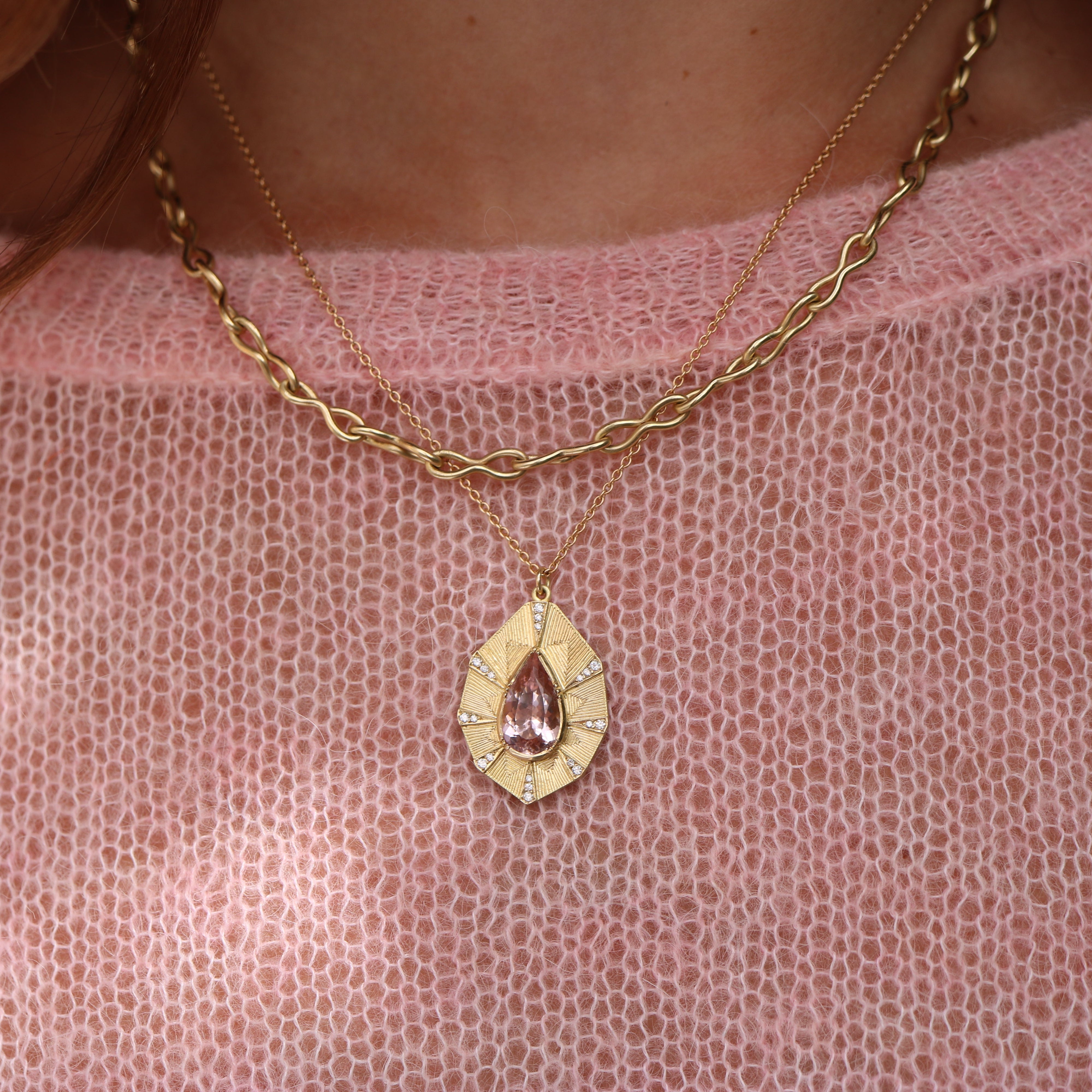 Talisman Shield Morganite Engraved Necklace