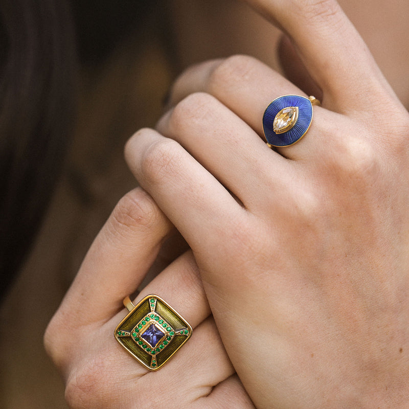 ALBERS ENAMEL TANZANITE EMERALD RING