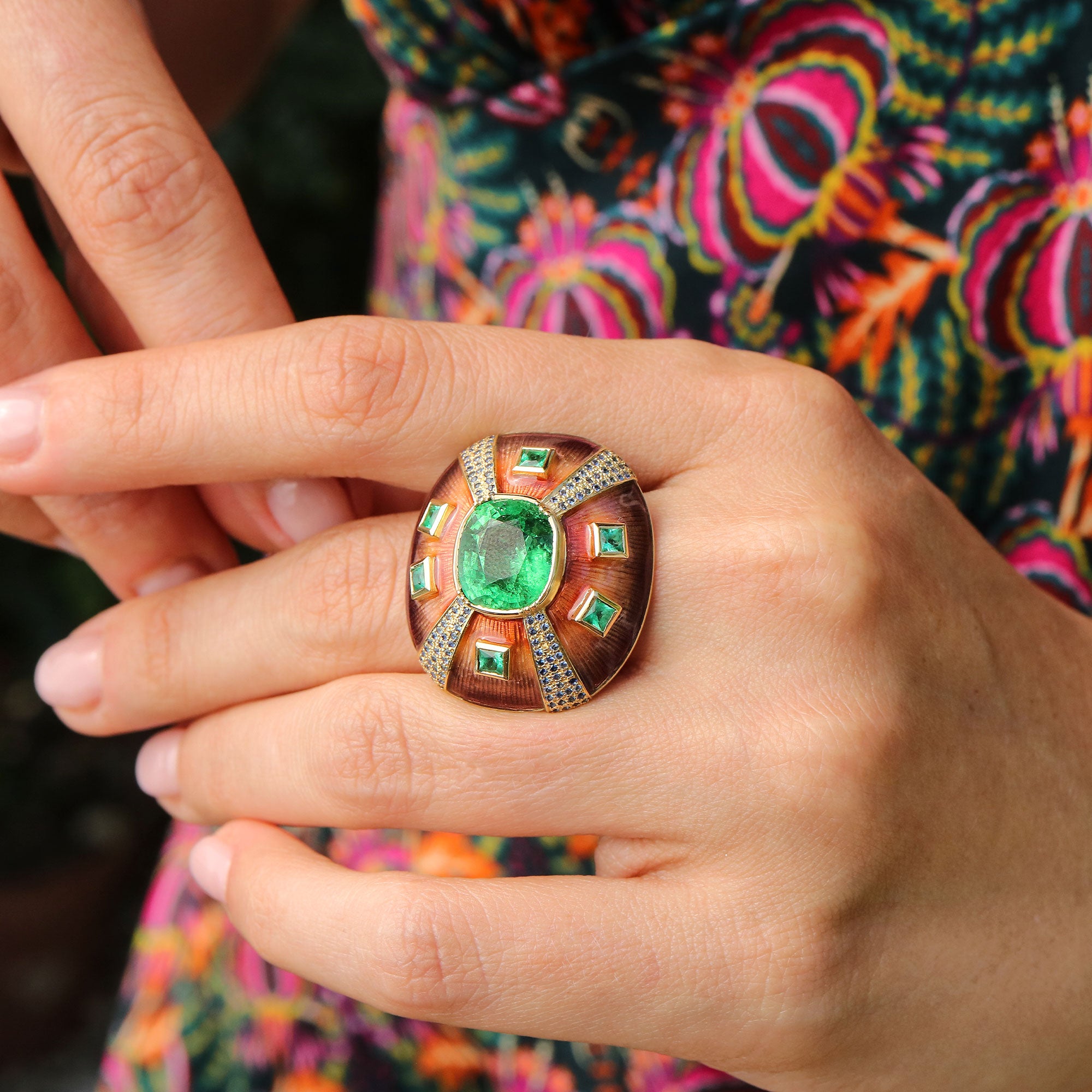 Arnolfini Supernova Tsavorite Emerald Sapphire Enamel Ring