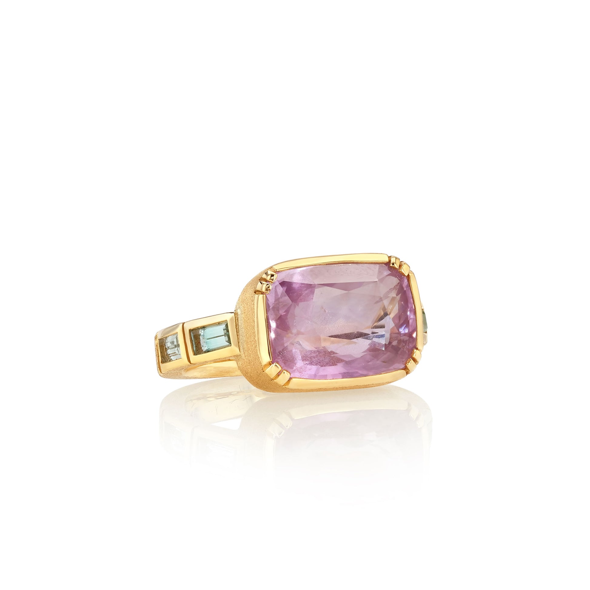 One of a kind Pink Sapphire Ring with Green Beryl band from fine jewelery designer Brooke Gregson handmade in London