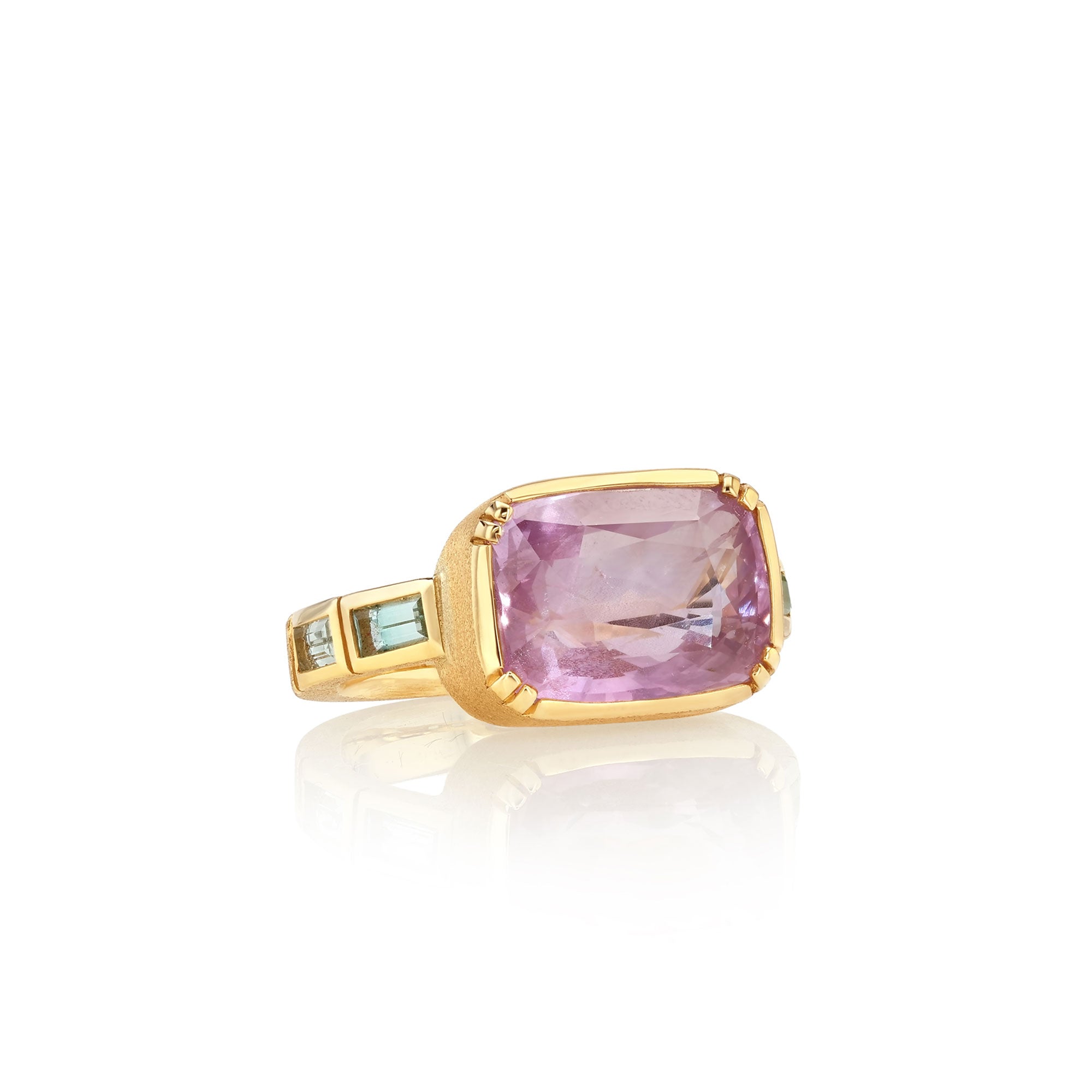 One of a kind Pink Sapphire Ring with Green Beryl band from fine jewelery designer Brooke Gregson handmade in London