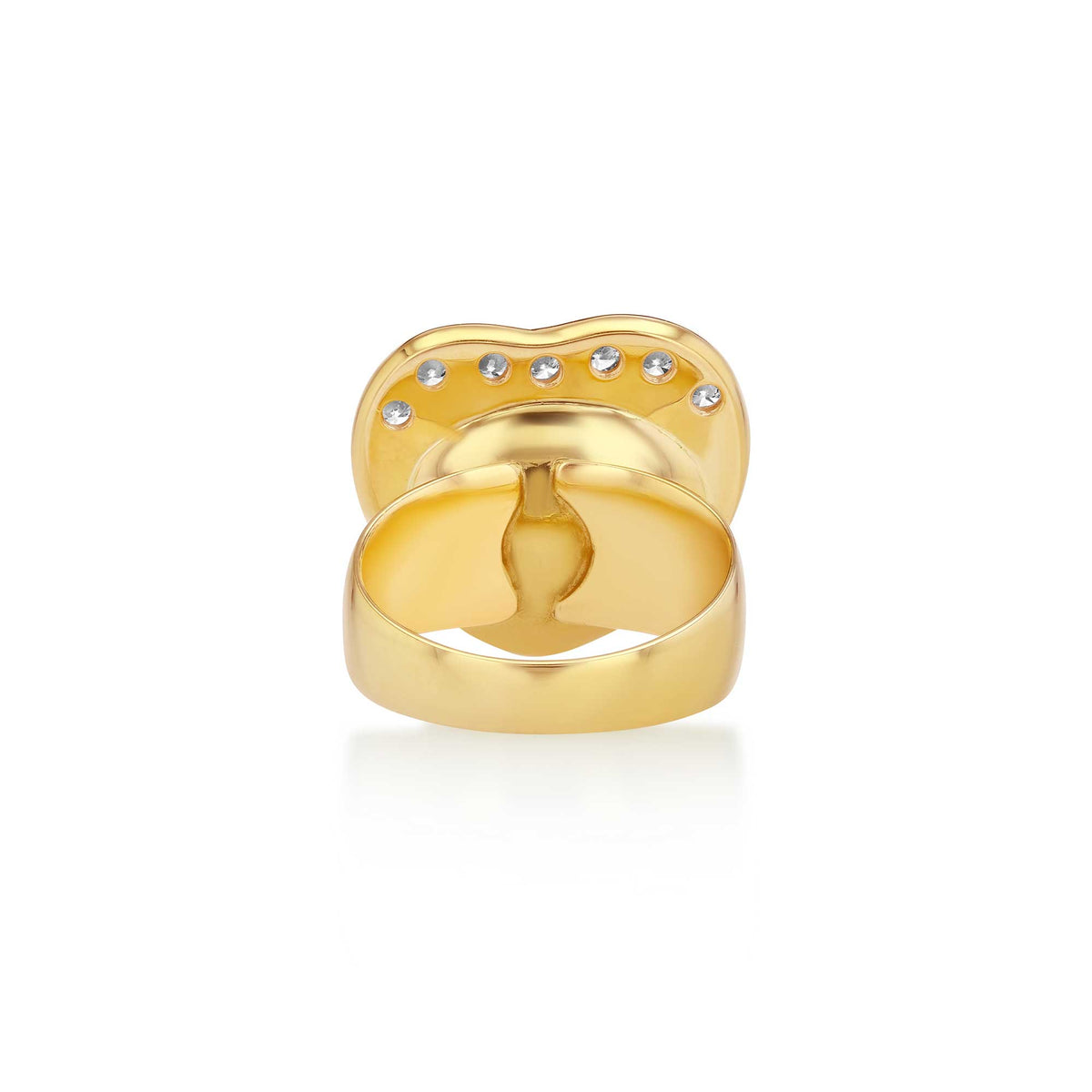 The back of an 18k yellow gold heart-shaped ring with a row of small diamond stones along the top curve, shown on a clean white background.