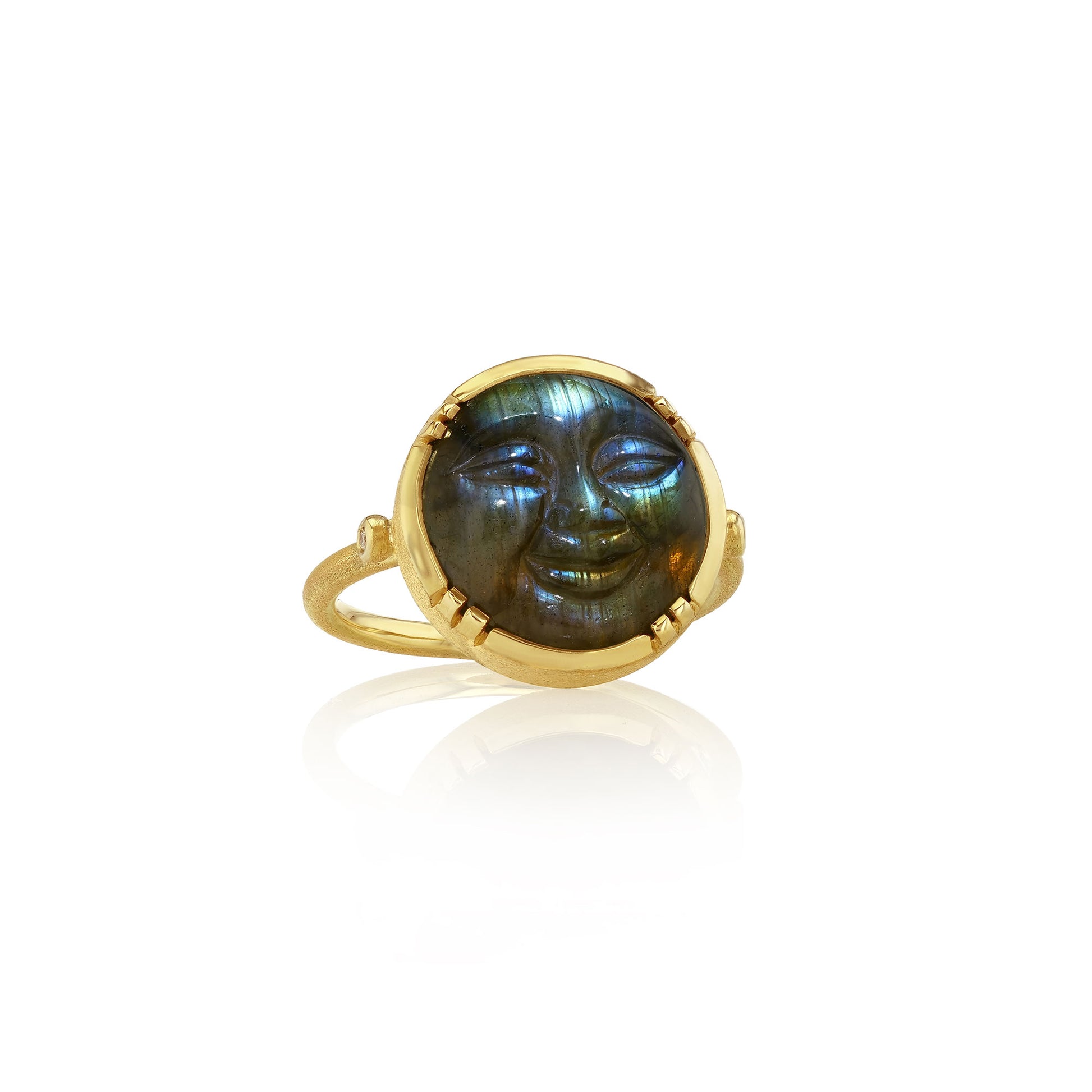 full moon shaped labradorite 18k gold ring with white diamond shoulder accents on a white background.