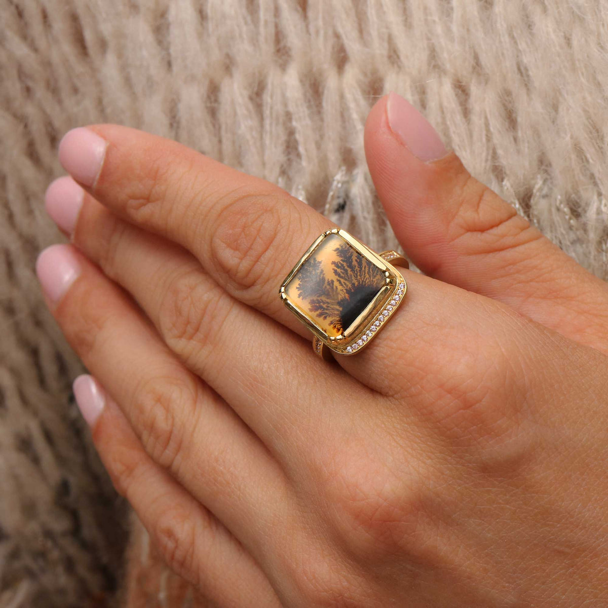 Dendritic Agate Pink Sapphire Halo Ring