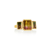 18k gold ring with three bi colour tourmaline gemstones on a white background by  london and los angeles based jewellery designer Brooke Gregson