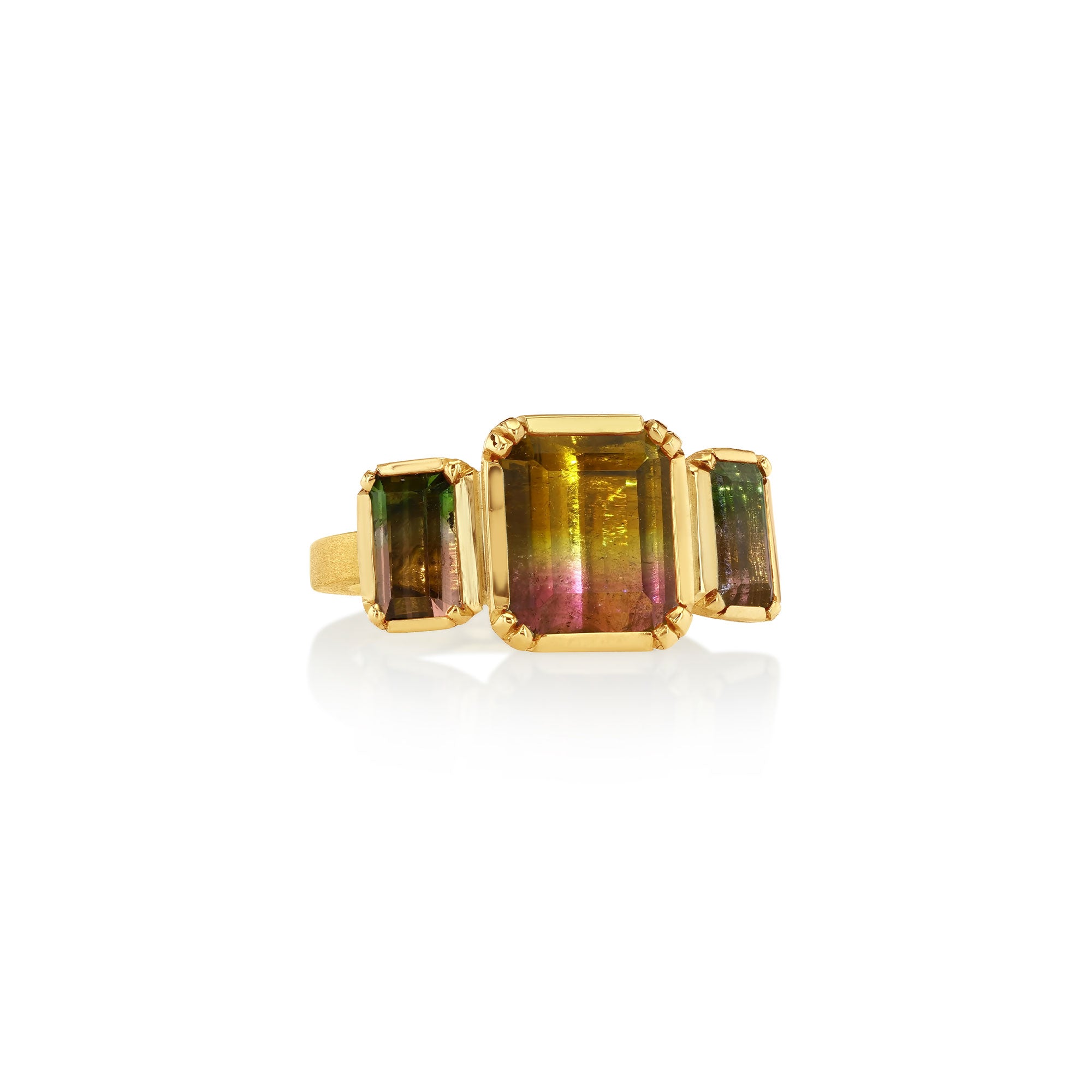 18k gold ring with three bi colour tourmaline gemstones on a white background by  london and los angeles based jewellery designer Brooke Gregson