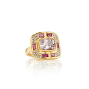 One of a kind Morganite, Ruby and Diamond ring from fine jewelry designer Brooke Gregson handmade in London