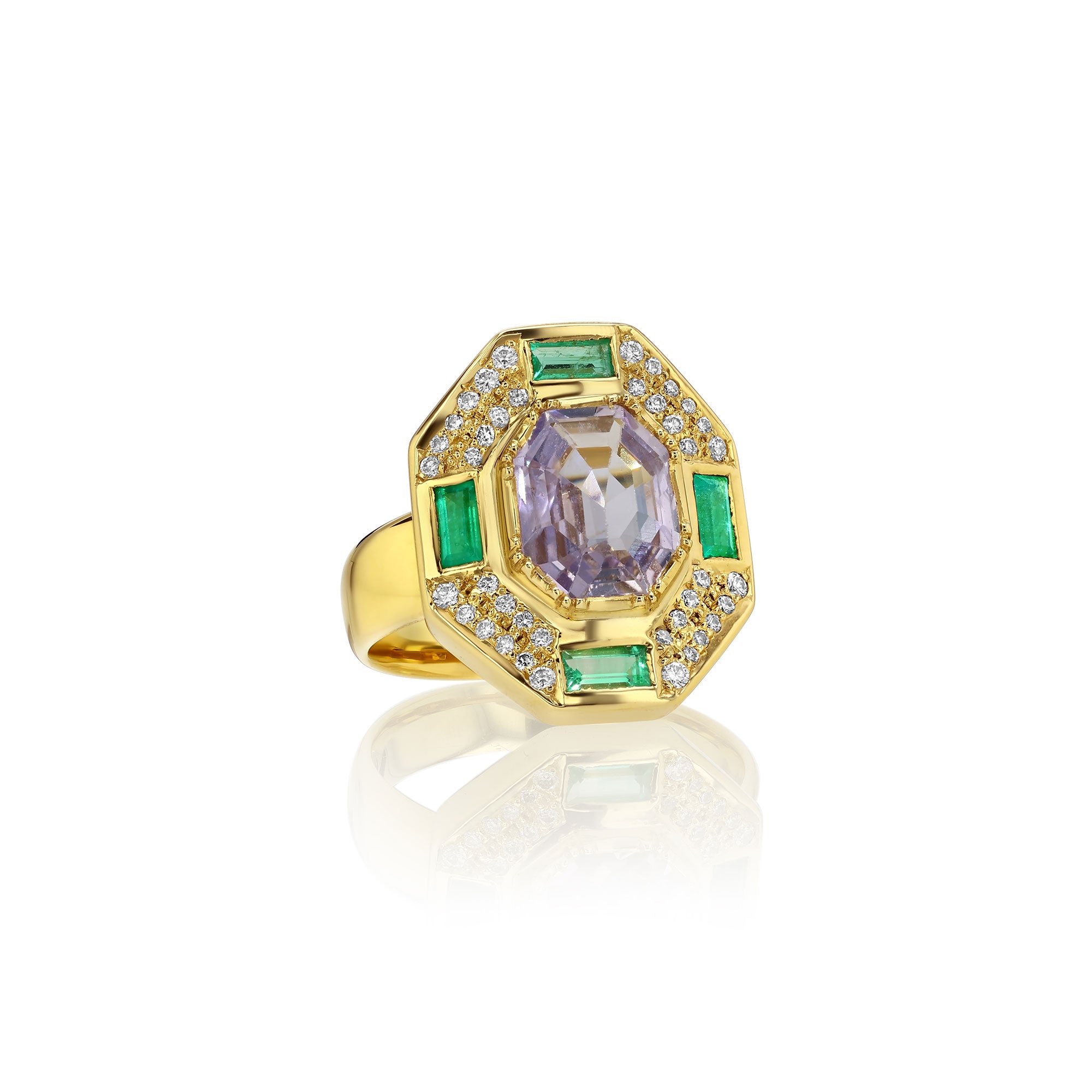 One of a kind Morganite, Emerald and Diamond ring from fine jewelry designer Brooke Gregson, handmade in London.