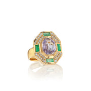 One of a kind Morganite, Emerald and Diamond ring from fine jewelry designer Brooke Gregson, handmade in London.