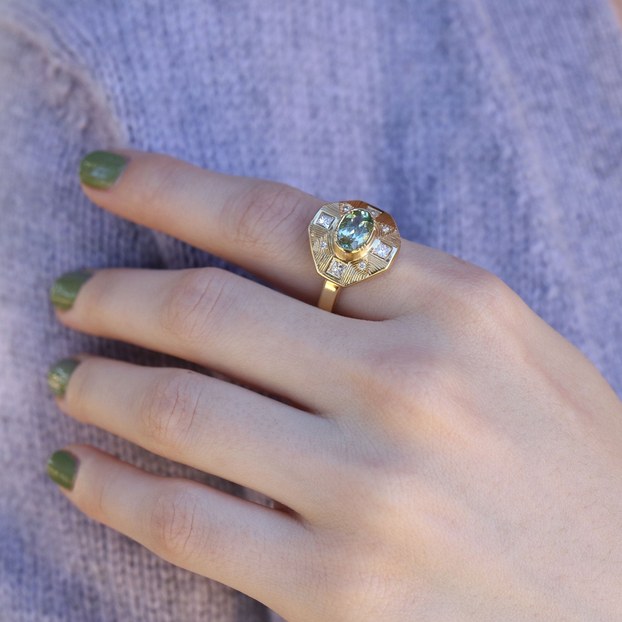 Mondrian Engraved Tourmaline Diamond Ring