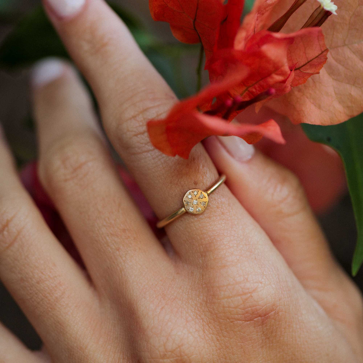 A close-up of a hand wearing a delicate gold ring with small round diamond gemstones, styled with red flowers in soft natural light.