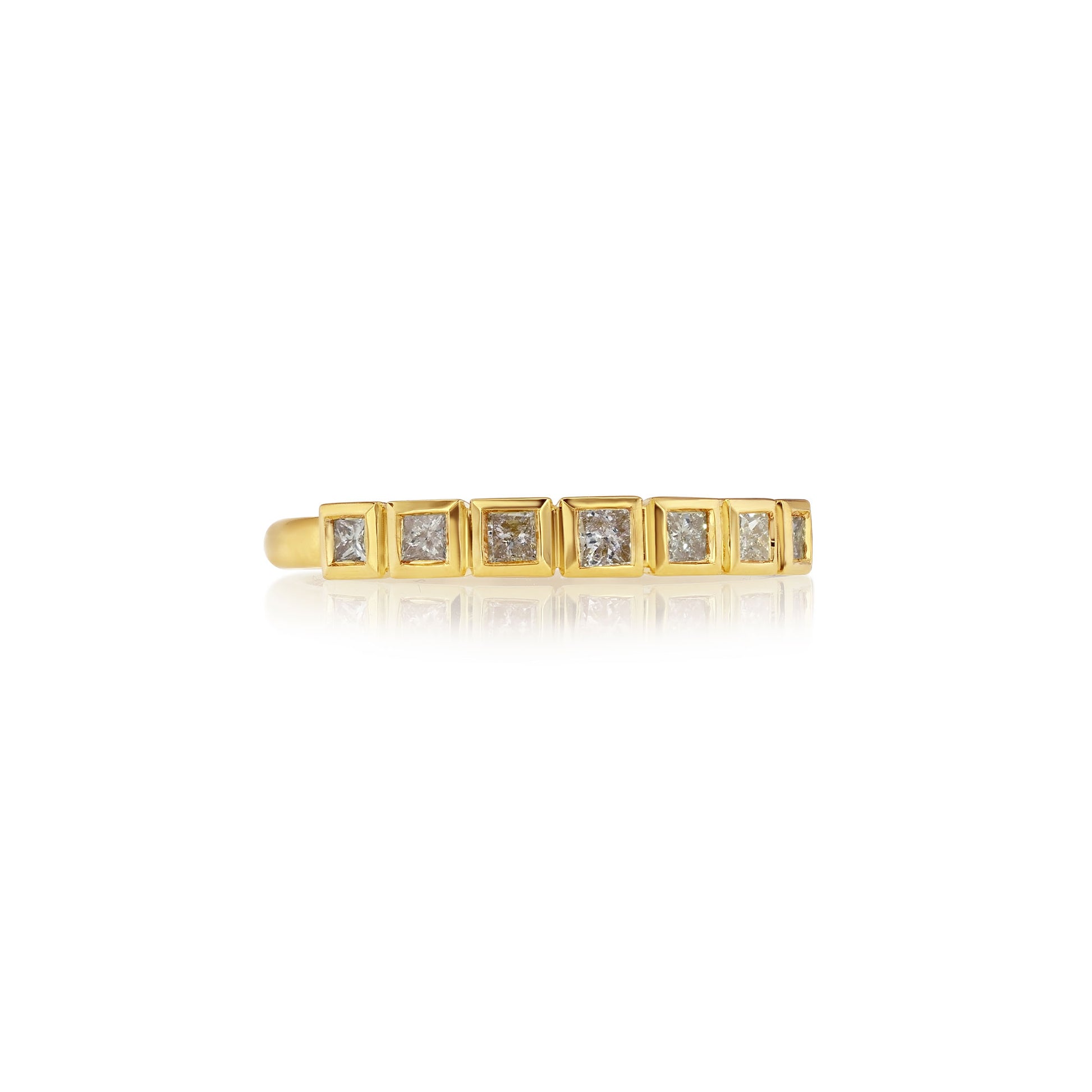 18k gold ring with pink princess cut diamonds on a white background.