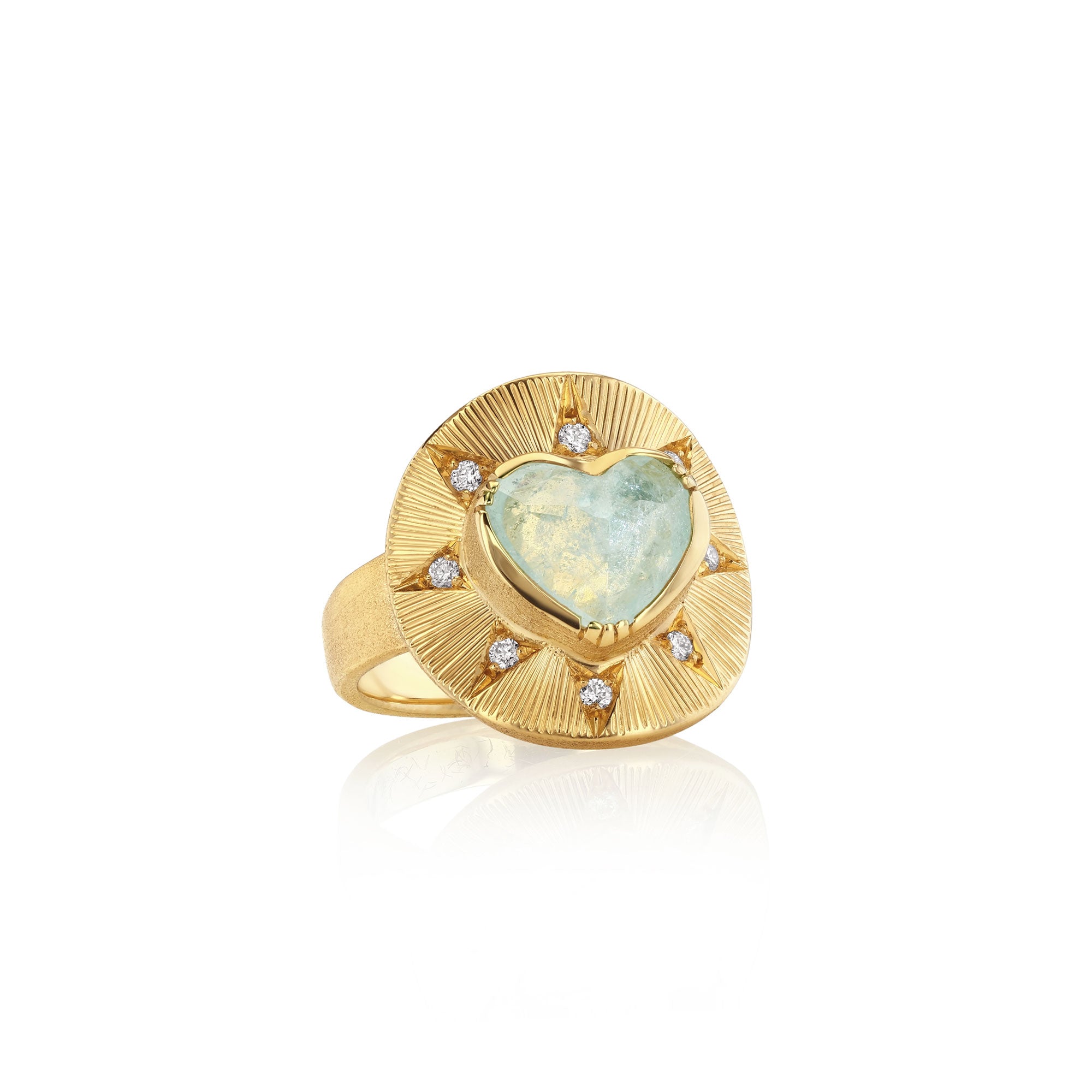 One of a kind 18k gold engraved Aquamarine and Diamond ring from fine jewelry designer Brooke Gregson handmade in London