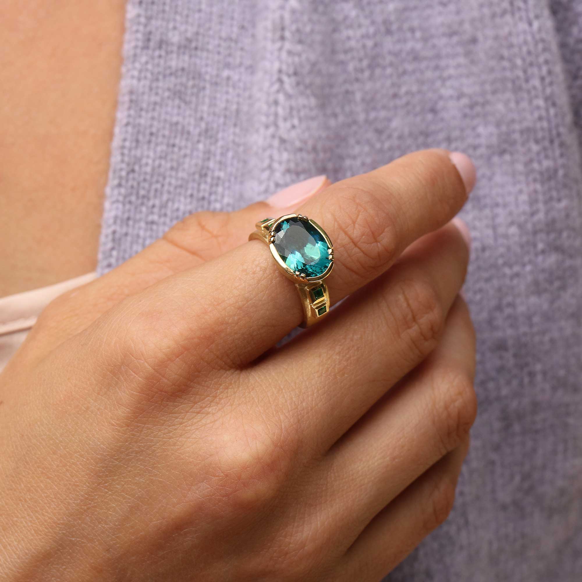 Indicolite Tourmaline Orbit Emerald Band Ring