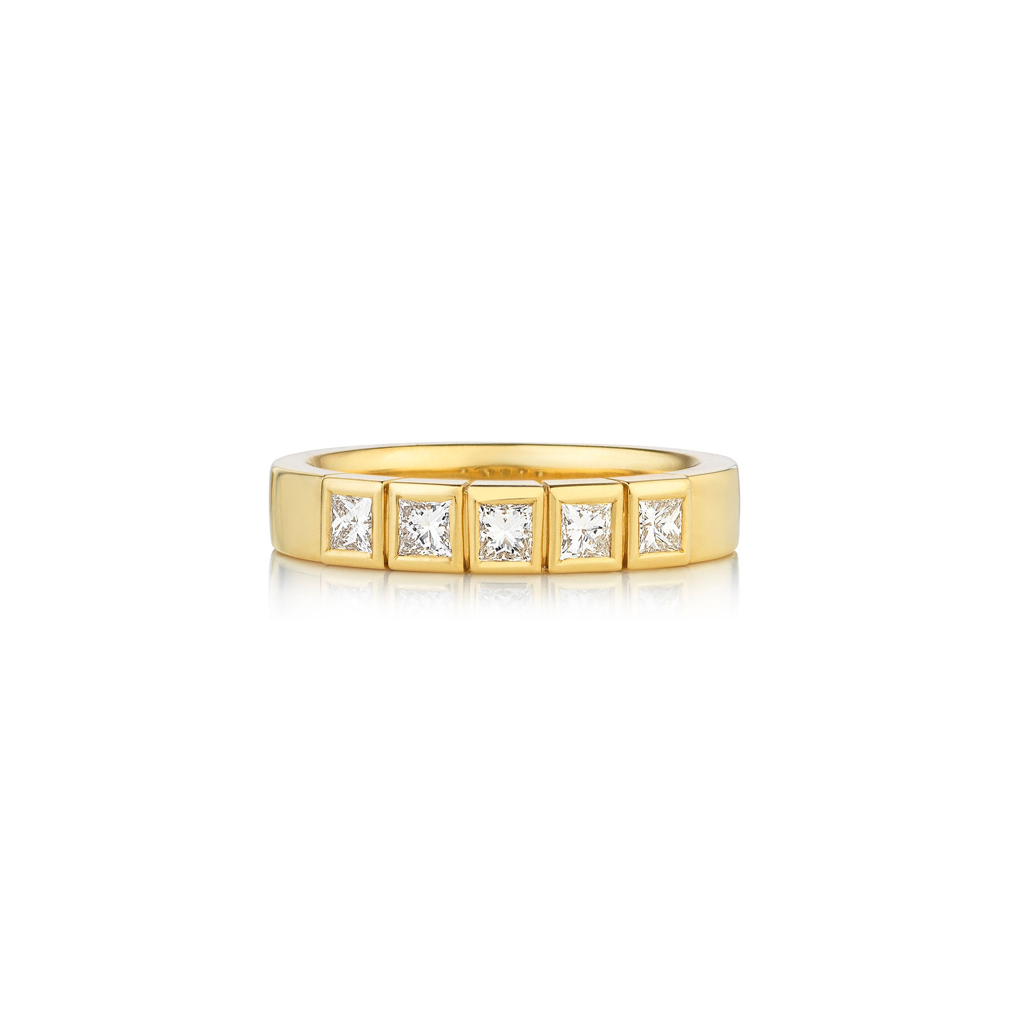 Gold ring with embedded diamonds on a white background