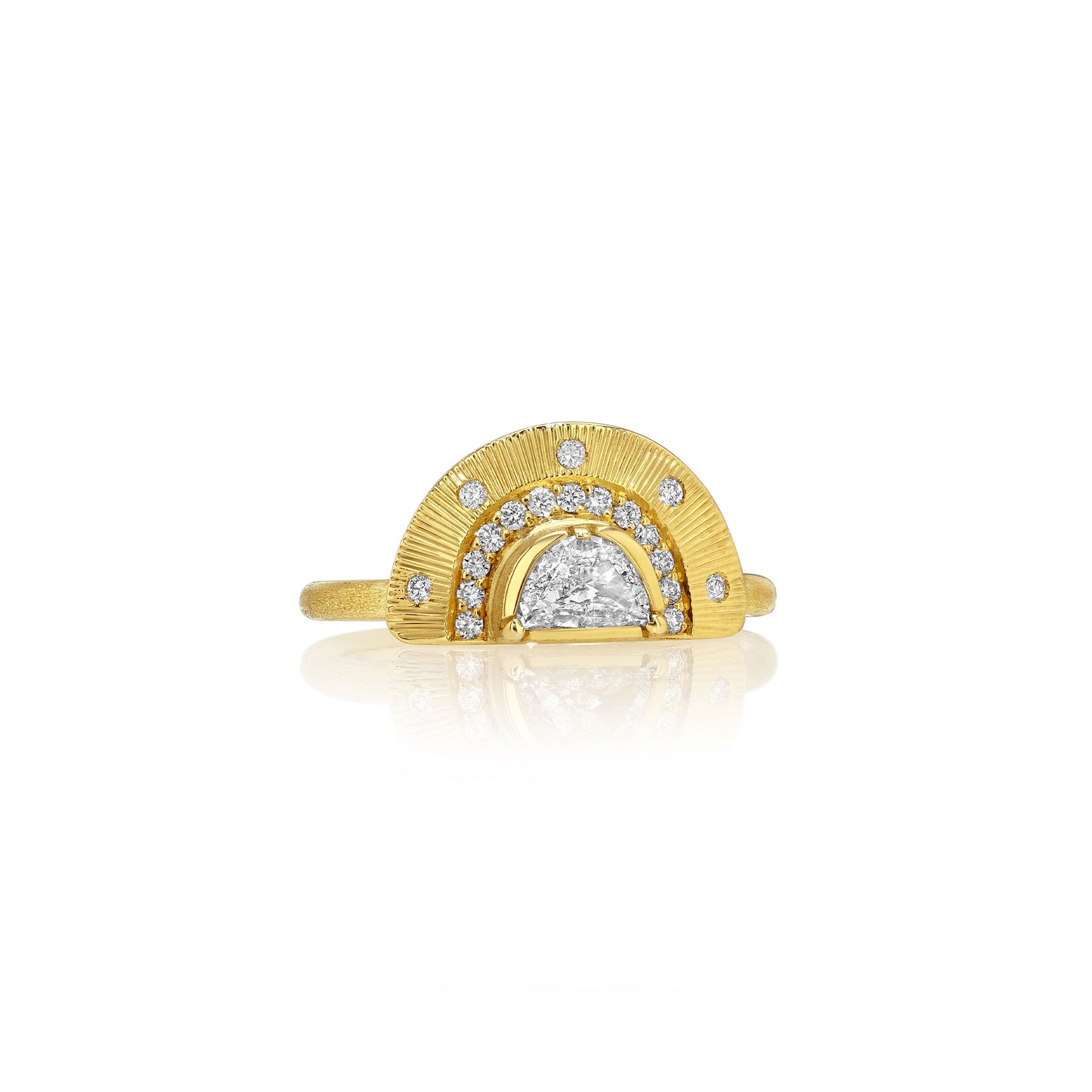 A gold ring featuring a semi-circular arch design with a central diamond cluster and smaller diamonds set along the top, shown on a clean white background with a soft reflection.