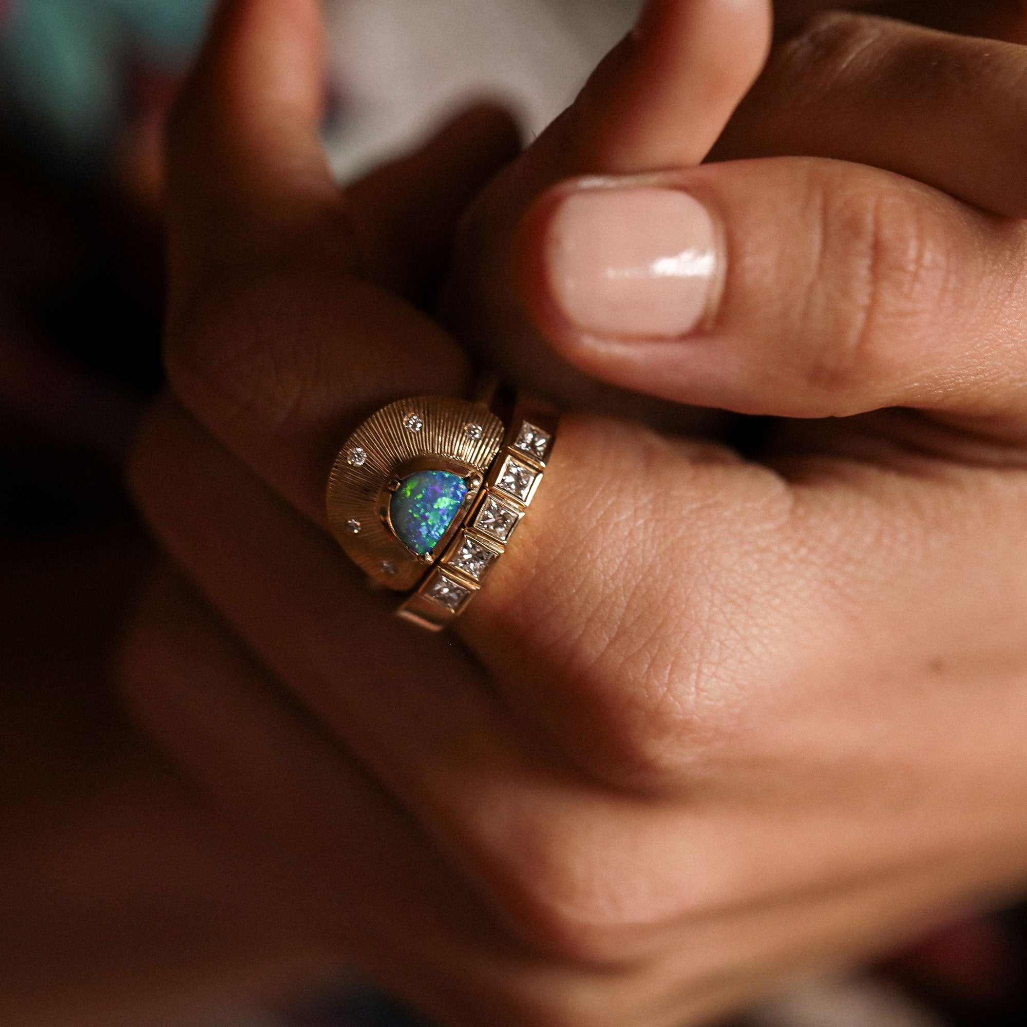 Engraved Half Moon Starlight Opal Diamond Ring