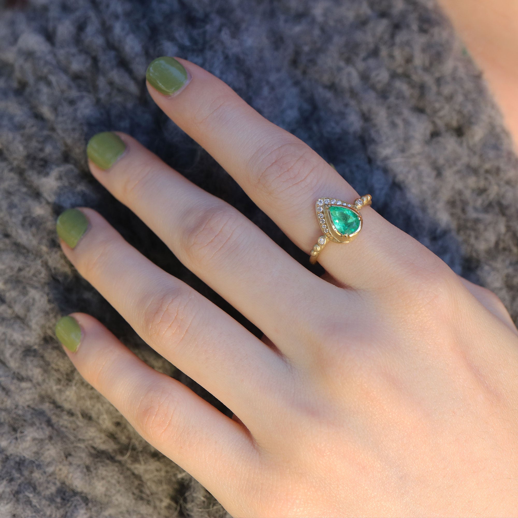 Teardrop Emerald Diamond Halo Ring