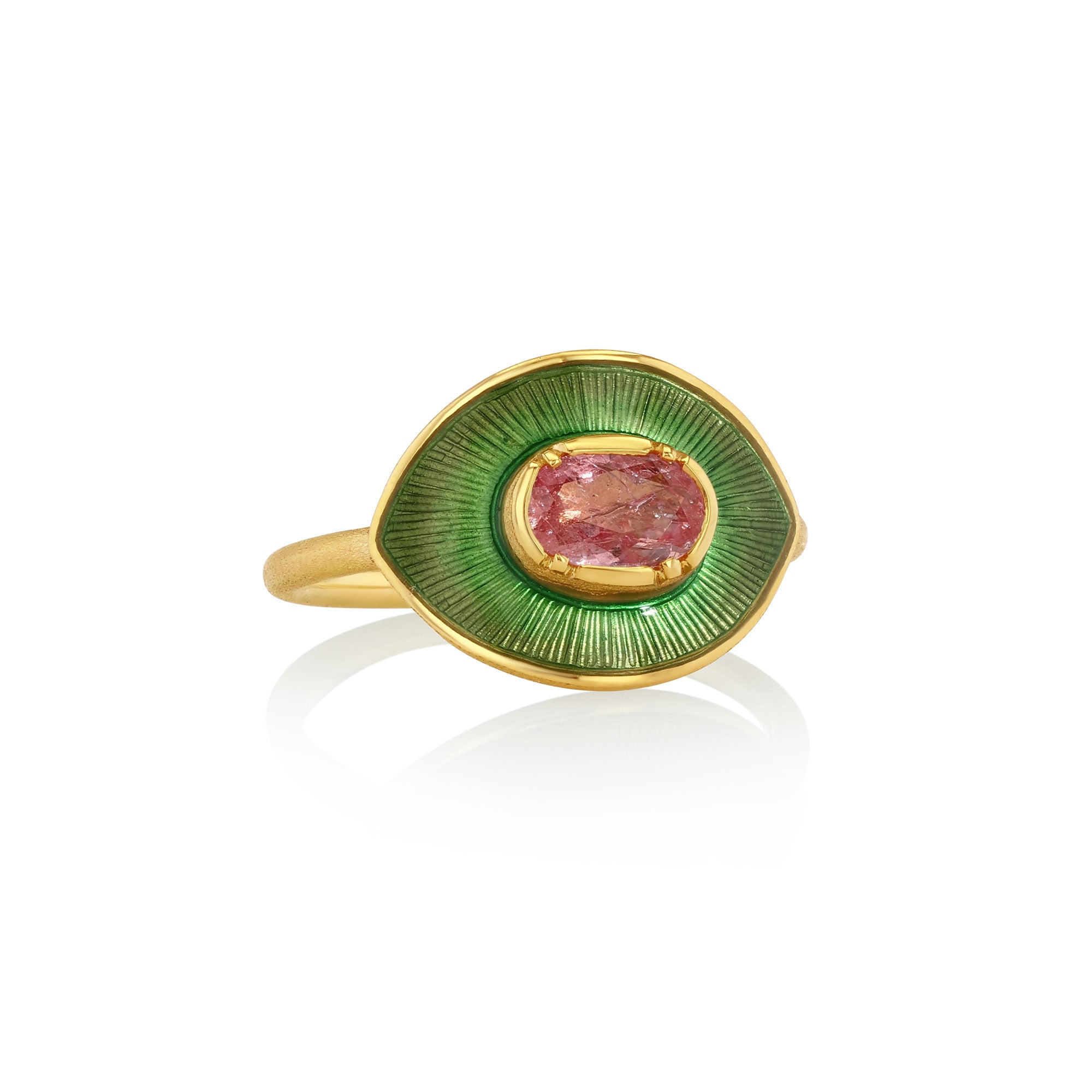 18k gold ring with green enamel and pink sapphire gemstone on a white background