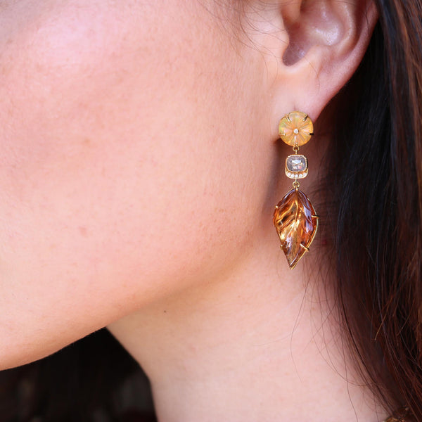 Blossom Leaf Tourmaline Diamond Opal Earrings