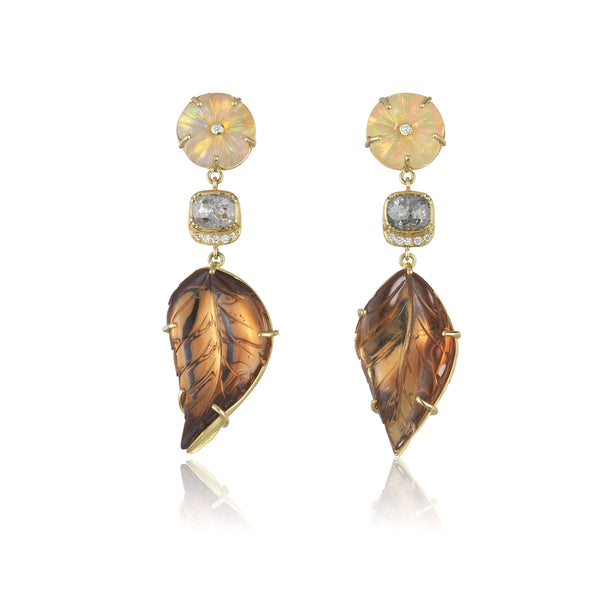 Hand made in London Brooke Gregson 18k gold carved tourmaline leaf and diamond earrings