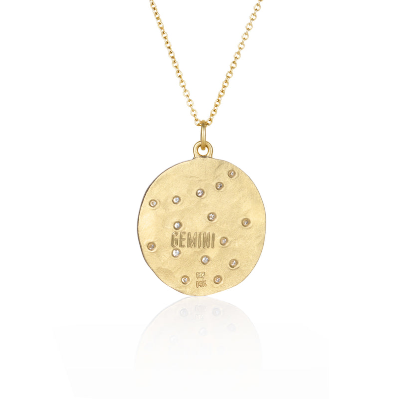 Hand made in Los Angeles Brooke Gregson 14k gold Astrology Zodiac Gemini Diamond Necklace back view