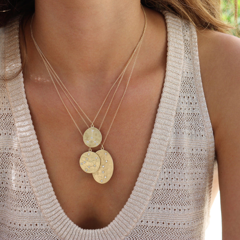 Model wearing Hand made in Los Angeles Brooke Gregson 14k gold Zodiac Astrology Libra Diamond Star Sign Necklace