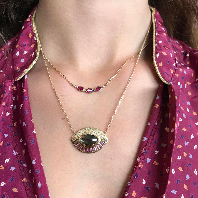 Model wearing Hand made in London Brooke Gregson 18k gold Ruby Necklace