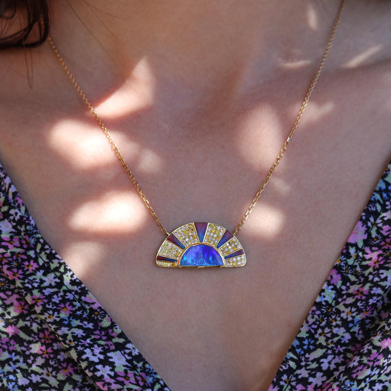 Sun Ray Boulder Opal Enamel Diamond Necklace