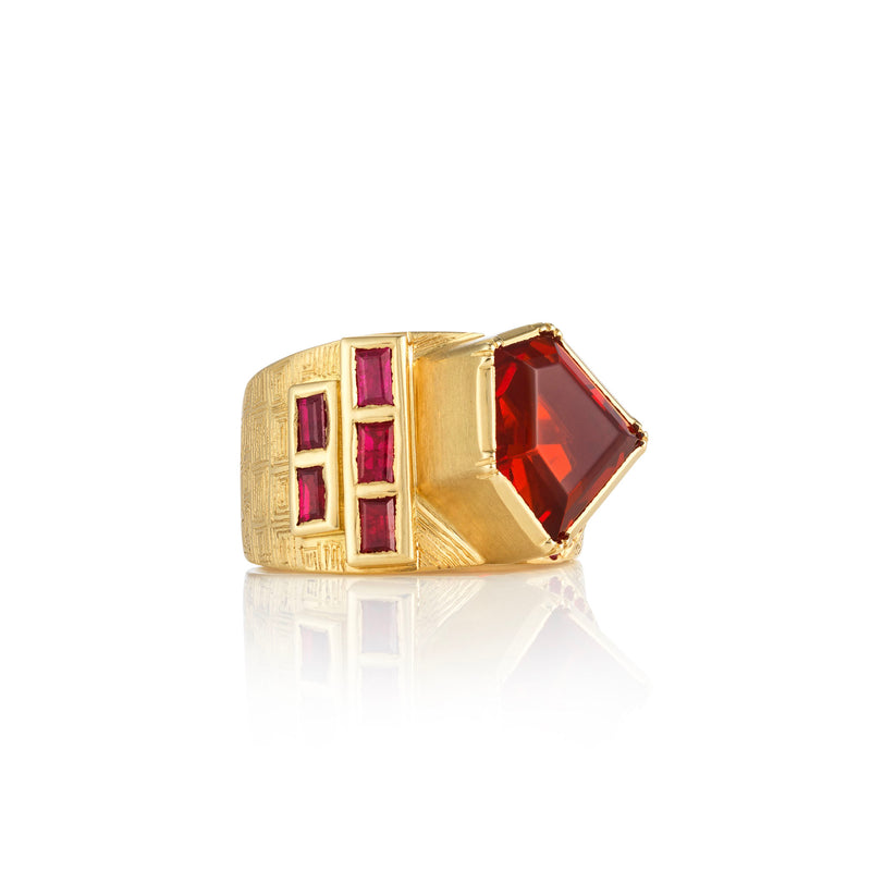 ALBERS ENGRAVED FIRE OPAL RUBY RING
