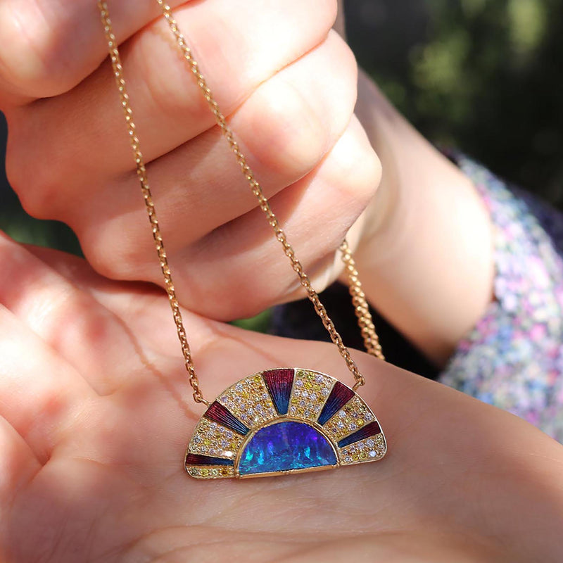 Sun Ray Boulder Opal Enamel Diamond Necklace